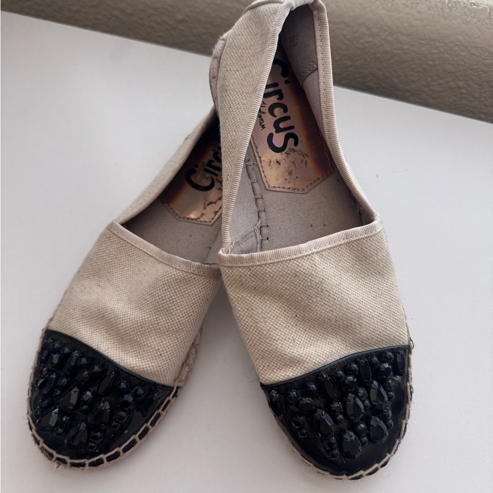 Circus by Sam Edelman Black and Cream Espadrilles with Textured Canvas